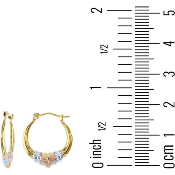 14K Gold Heart Hoop Earrings Tricolor Two Tone Hypoallergenic Shrimp Hoops - Picture 6 of 7